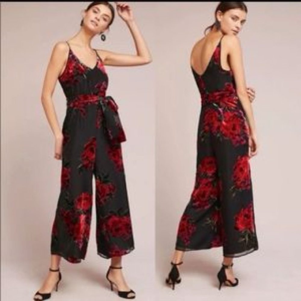 Anthropologie Ett:twa Black Velvet Floral Jumpsuit Wide Leg XS